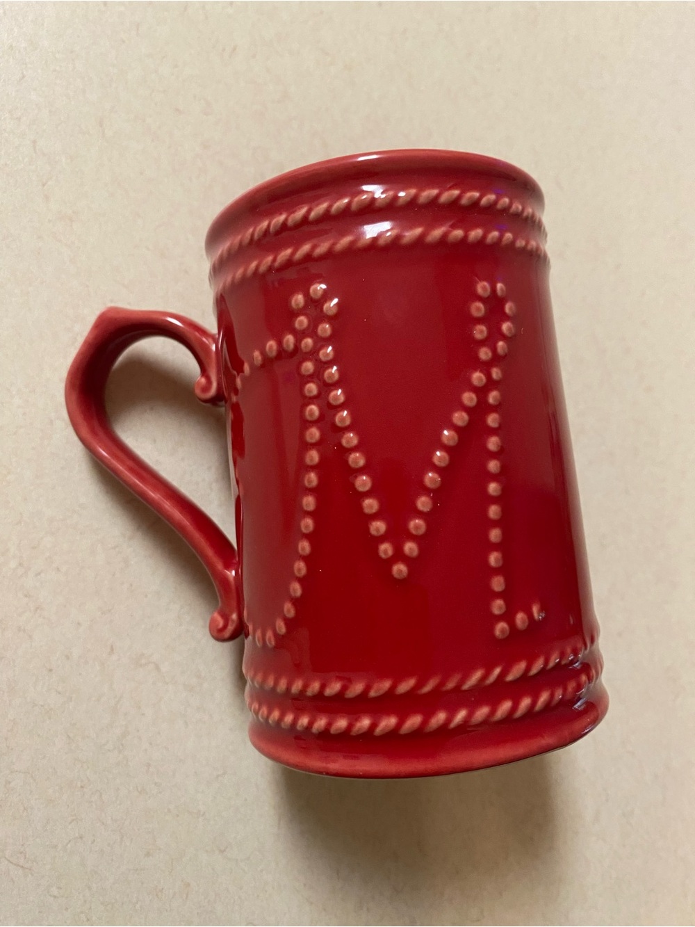 NWOT Food Network Red Ceramic Mug with Raised 'M' Dot Monogram